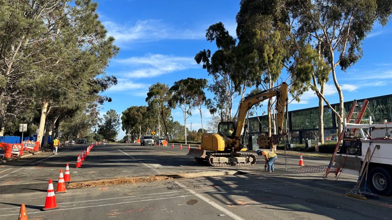 Construction workers, cones, and excavator by a truck under trees.
