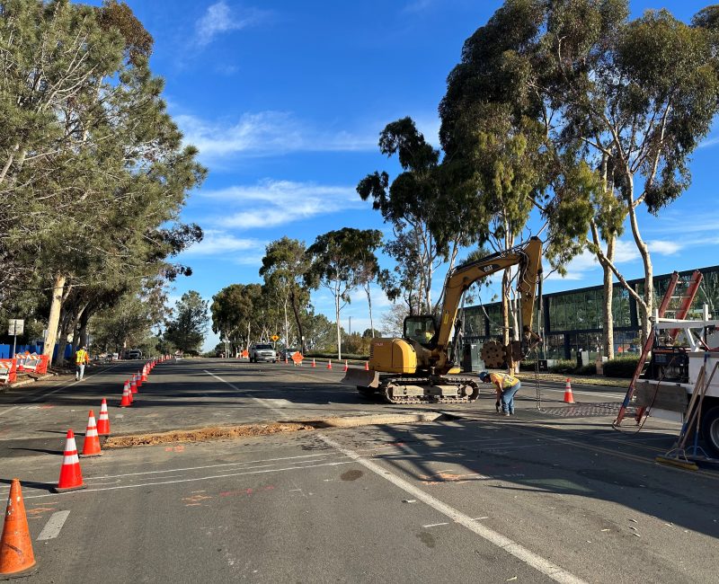 Construction workers, cones, and excavator by a truck under trees.