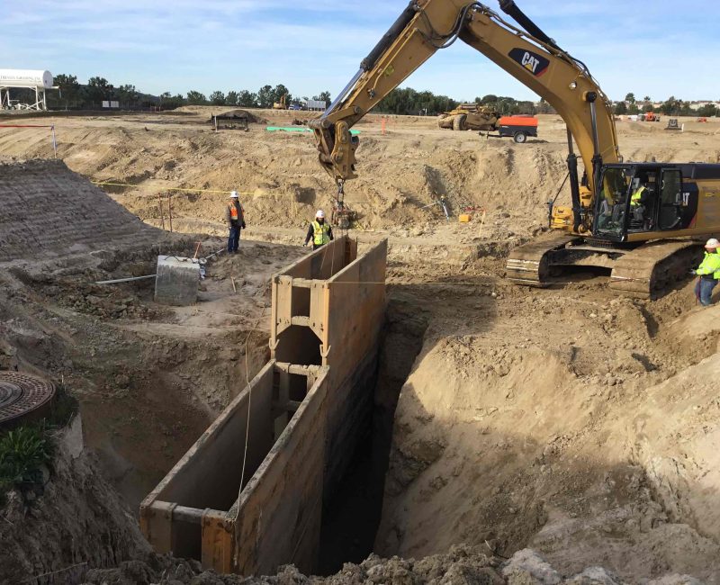 Workers and excavator by trench with steel supports, clear sky.