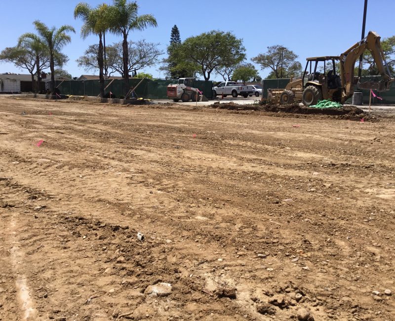 Construction site with dirt lot, backhoe, palm trees, blue sky.