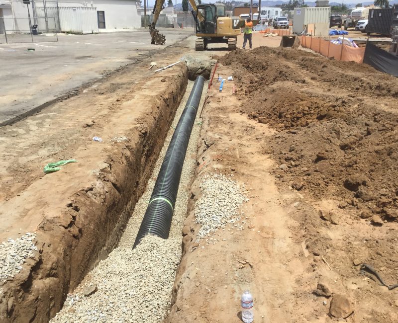 Gravel-filled trench with pipe, excavator, workers, dirt piles nearby.