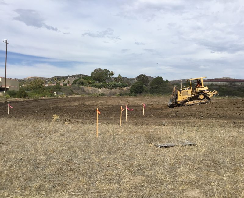 Yellow bulldozer levels dirt at construction site with flags.