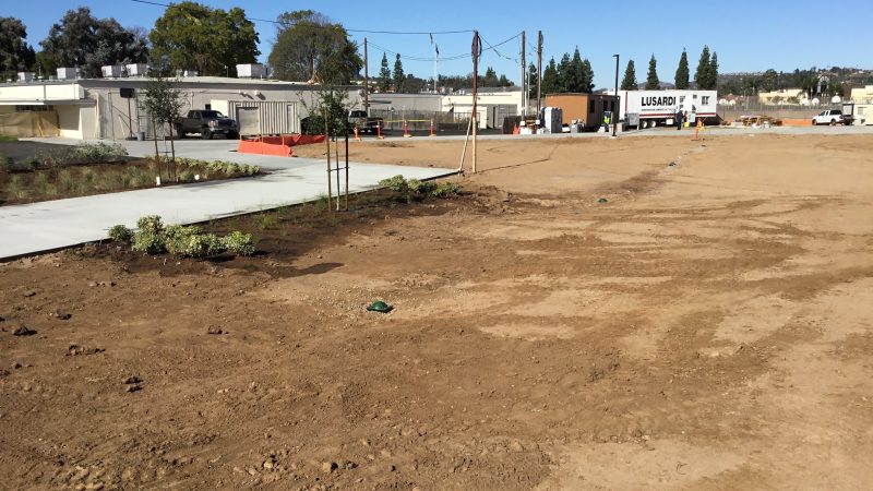Construction site: dirt lot, landscaping, concrete paths, trees, buildings.